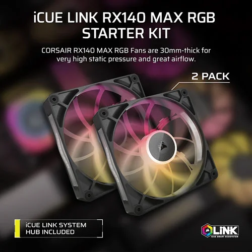 CORSAIR iCUE LINK RX140MAX RGB 140mm Cabinet Fan - Black (Dual Pack)